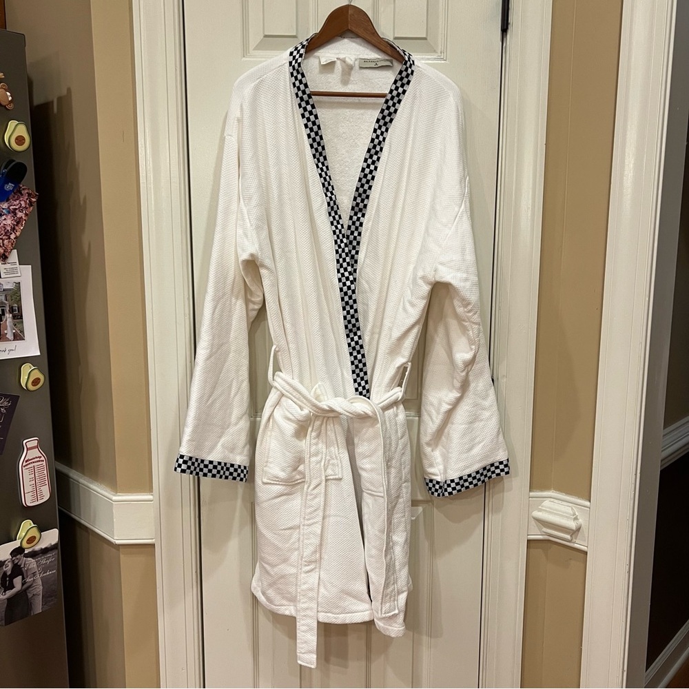 Like New Mackenzie Childs Bath Robe White Checkered Trim Cotton Size Large